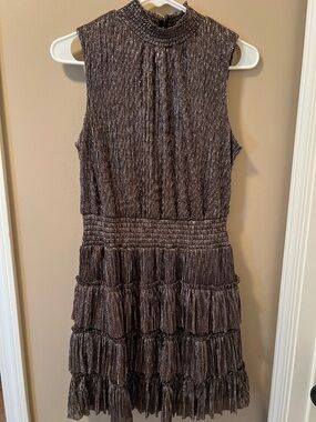 Sleeveless Metallic Tiered Mini Dress in Brown